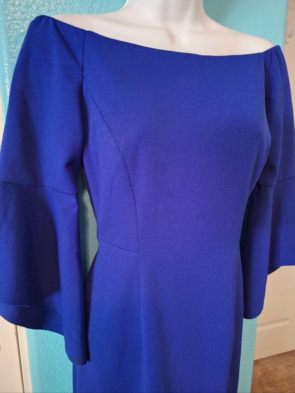 ANTONIO MELANI Cobalt Off-Shoulder Midi Dress with Bell Sleeves Sz 0 - Picture 3 of 9